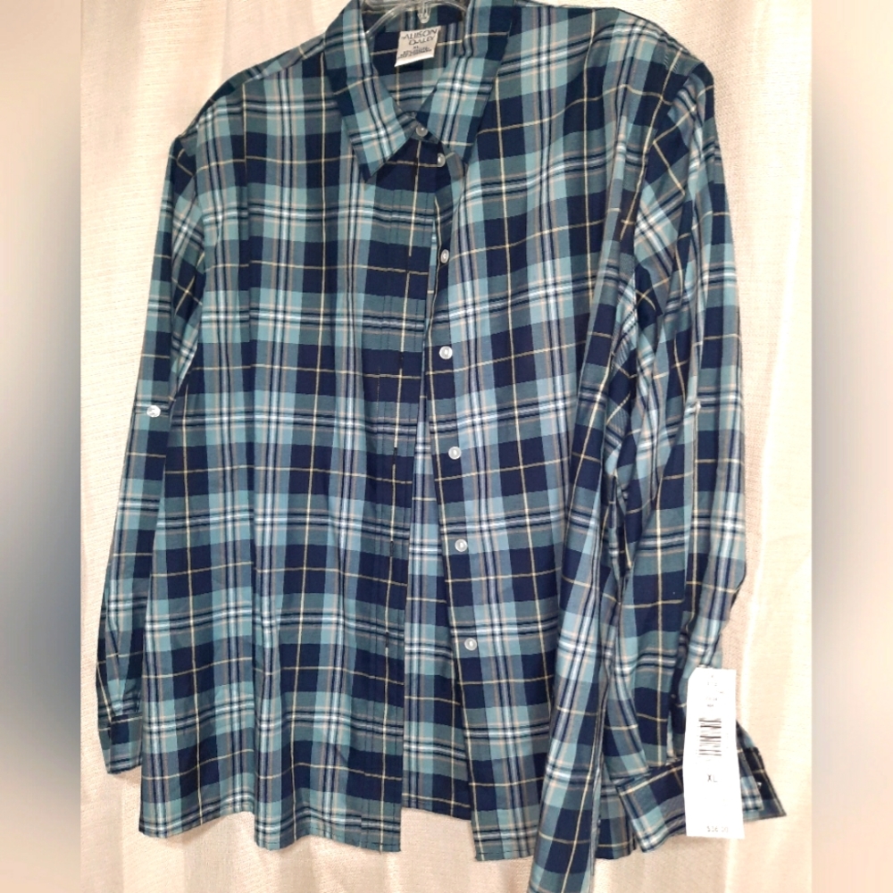 Allison Daley Blue & green plaid button down shirt Xlarge NWT